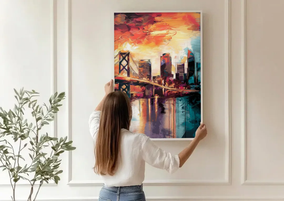 Jacksonville Wall Street Vibes canvas wall art being hung on a paneled wall