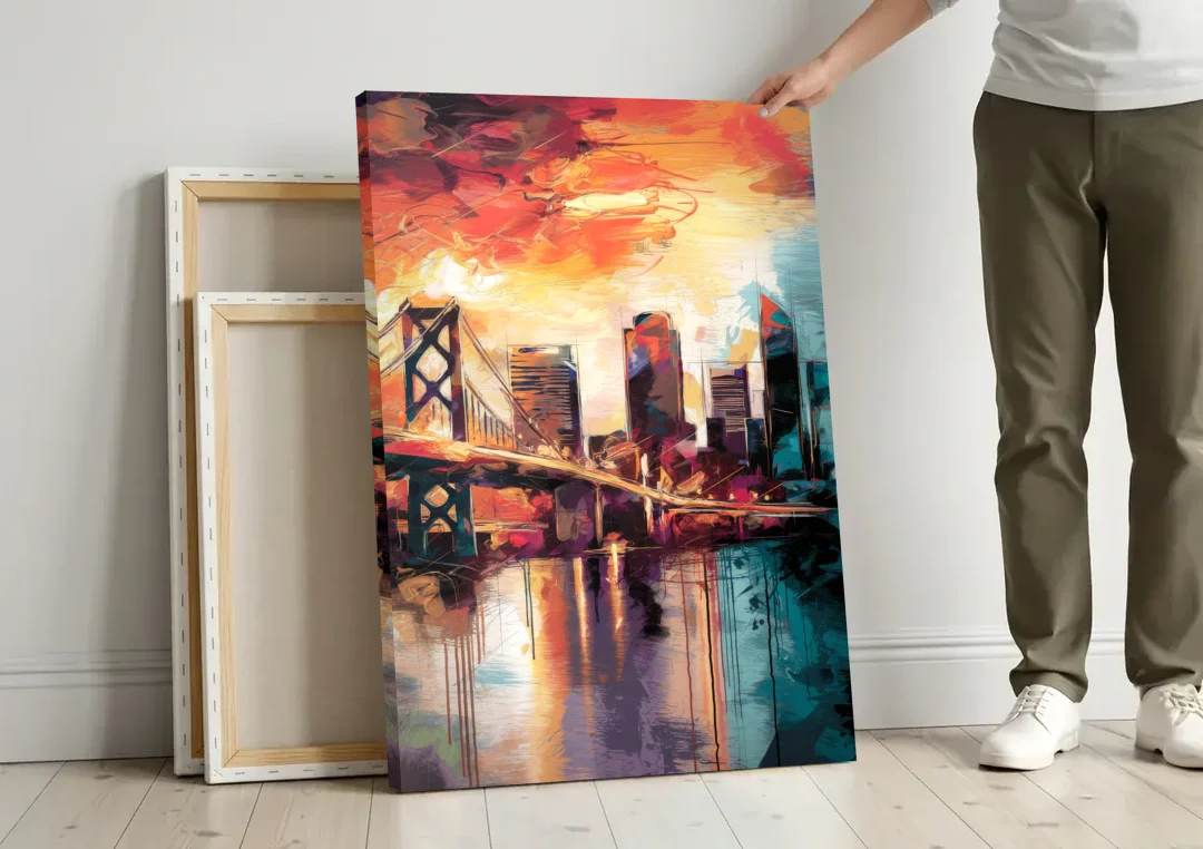 Jacksonville Wall Street Vibes canvas wall art leaning against a wall next to blank canvases