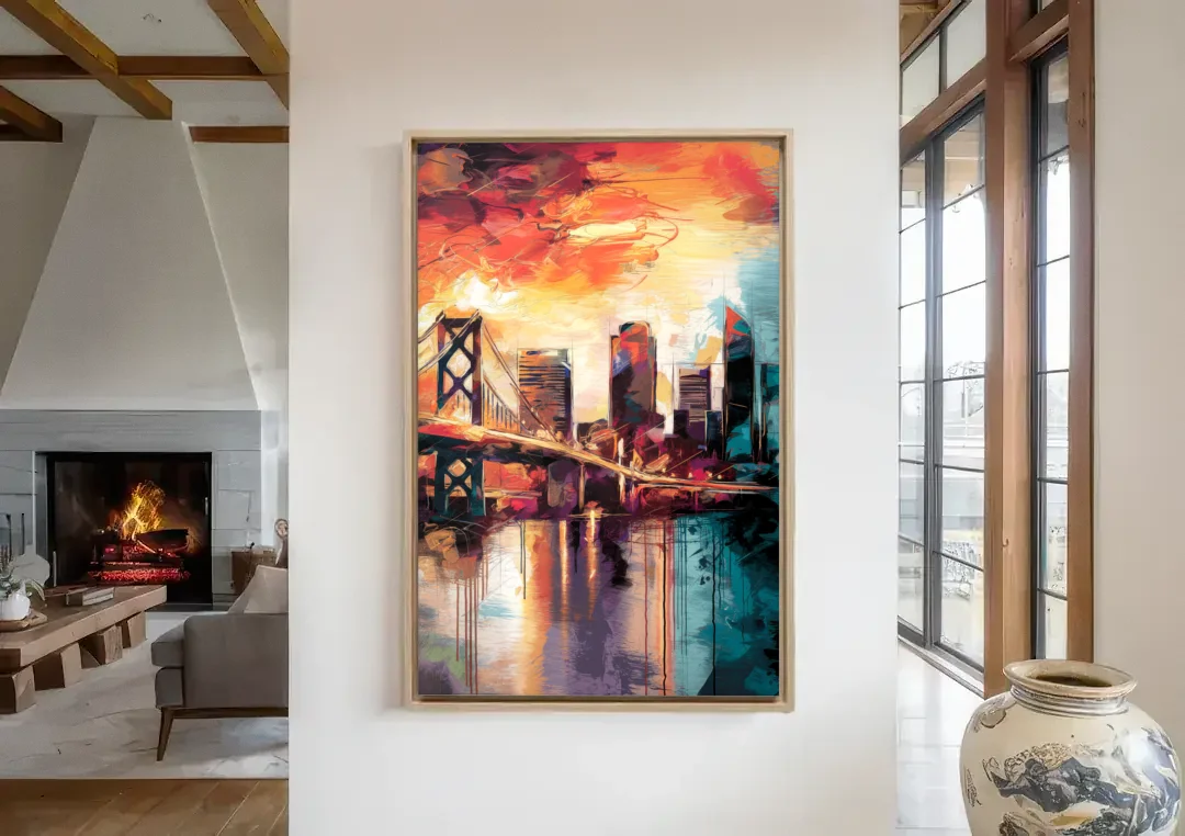 Jacksonville Wall Street Vibes canvas wall art in a living room with a fireplace