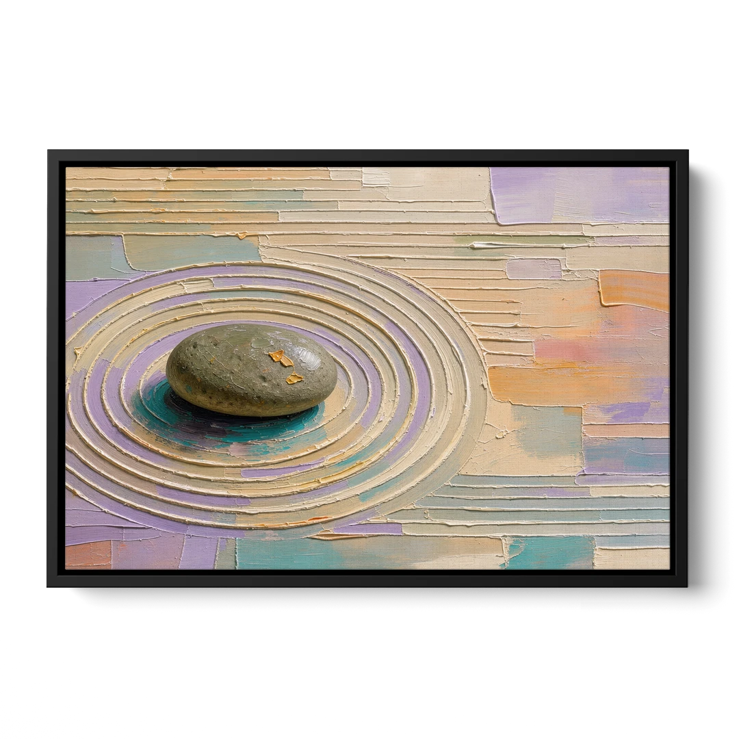 Japandi Sage Stone in Raked Ripples - Black Framed Canvas Wall Art - Front
