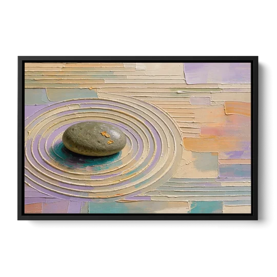 Japandi Sage Stone in Raked Ripples - Black Framed Canvas Wall Art - Front