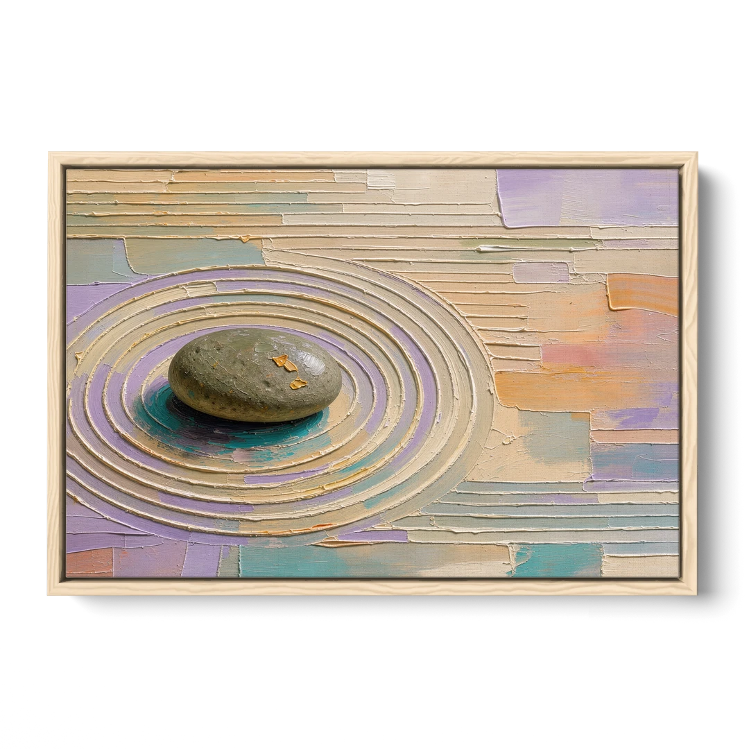 Japandi Sage Stone in Raked Ripples - Oak Framed Canvas Wall Art - Front