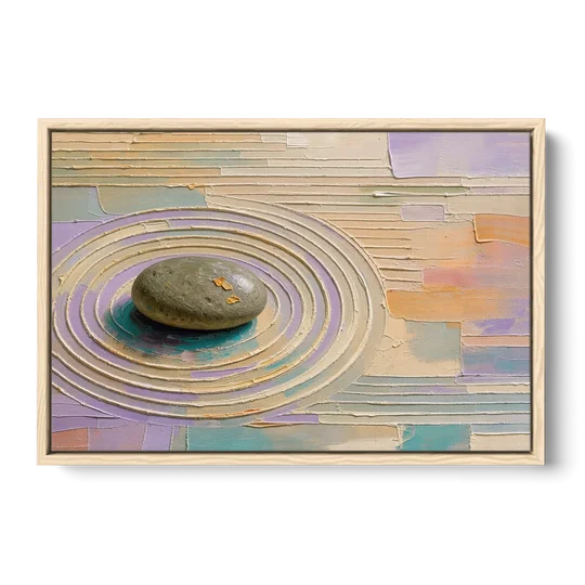 Japandi Sage Stone in Raked Ripples - Oak Framed Canvas Wall Art - Front