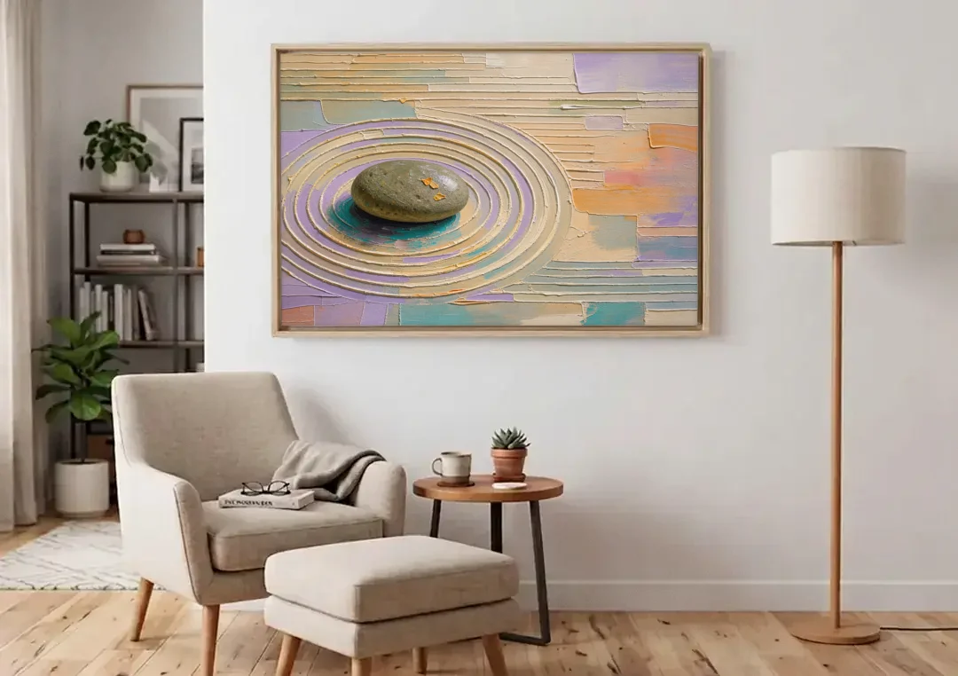 Japandi Sage Stone in Raked Ripples canvas wall art above an armchair in a bright living room
