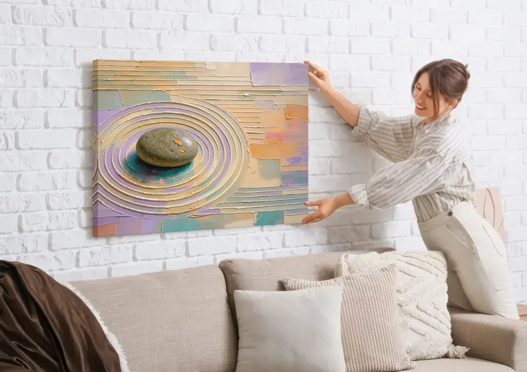 Japandi Sage Stone in Raked Ripples canvas wall art being hung on a white brick wall above a sofa