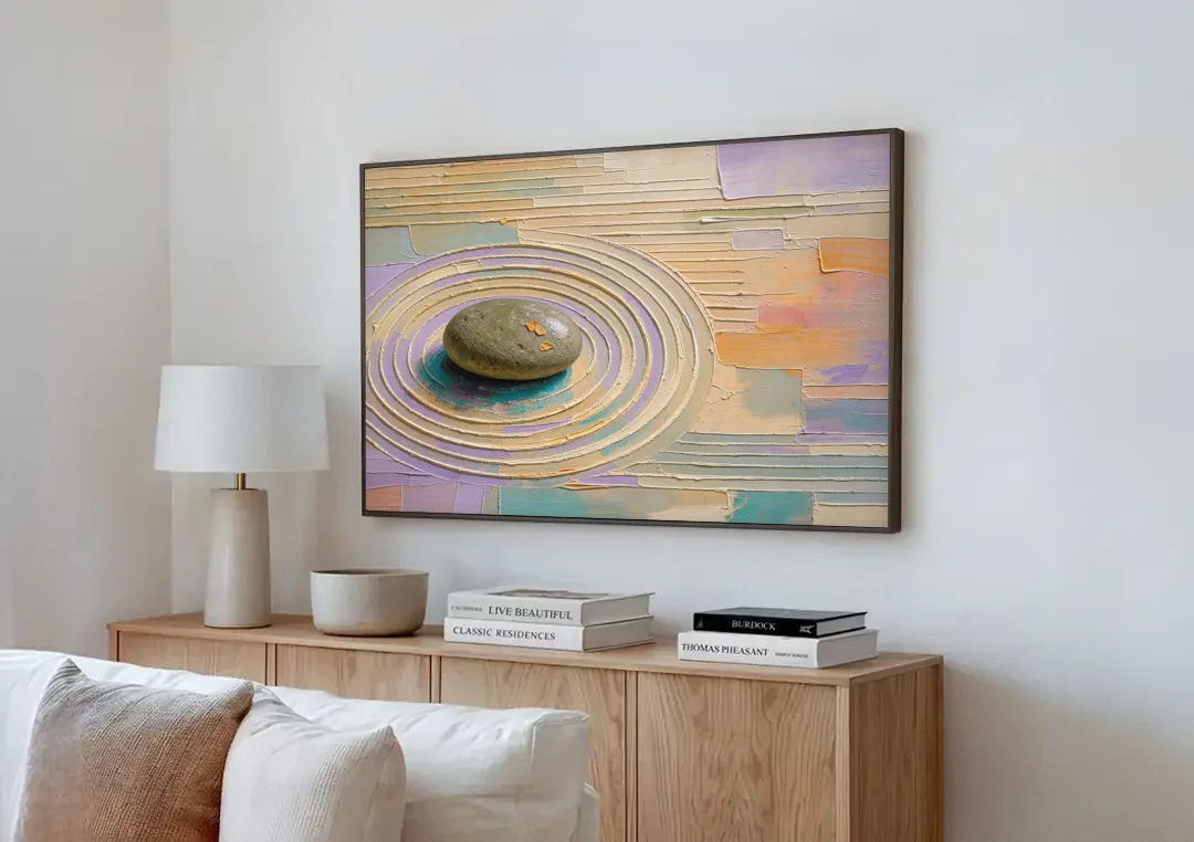 Japandi Sage Stone in Raked Ripples canvas wall art above a wooden sideboard next to a sofa