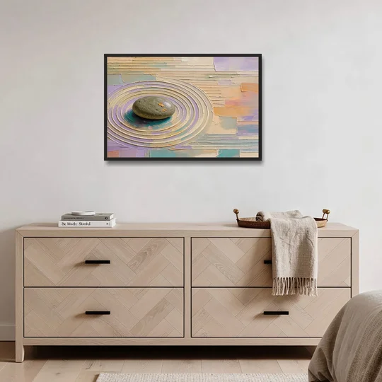 Japandi Sage Stone in Raked Ripples - Black Framed Canvas Wall Art - Coffee Table - 36x24
