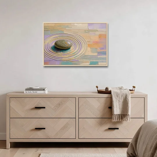 Japandi Sage Stone in Raked Ripples - Oak Framed Canvas Wall Art - Coffee Table - 36x24
