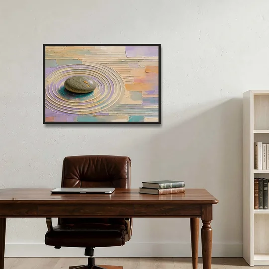 Japandi Sage Stone in Raked Ripples - Black Framed Canvas Wall Art - Office - 36x24