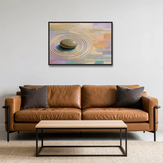 Japandi Sage Stone in Raked Ripples - Black Framed Canvas Wall Art - Sofa - 36x24