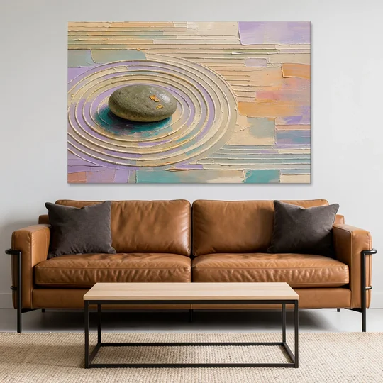 Japandi Sage Stone in Raked Ripples - Canvas Wall Art - Sofa - 60x40