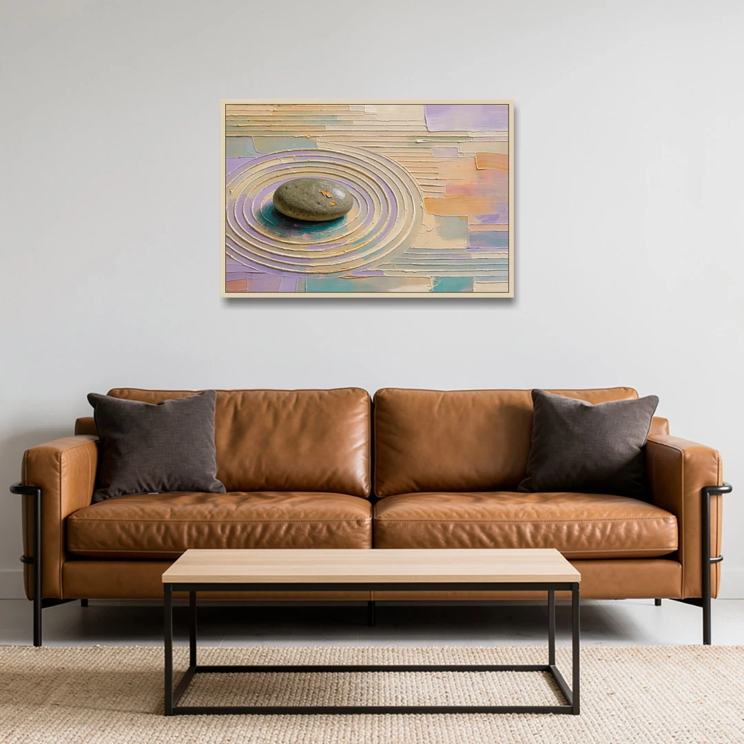 Japandi Sage Stone in Raked Ripples - Oak Framed Canvas Wall Art - Sofa - 36x24