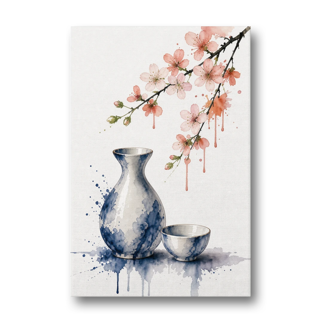 Japanese Bar Decor with Sake and Cherry Blossom - Canvas Wall Art - Front