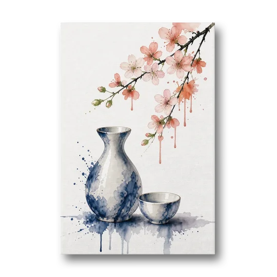 Japanese Bar Decor with Sake and Cherry Blossom - Canvas Wall Art - Front