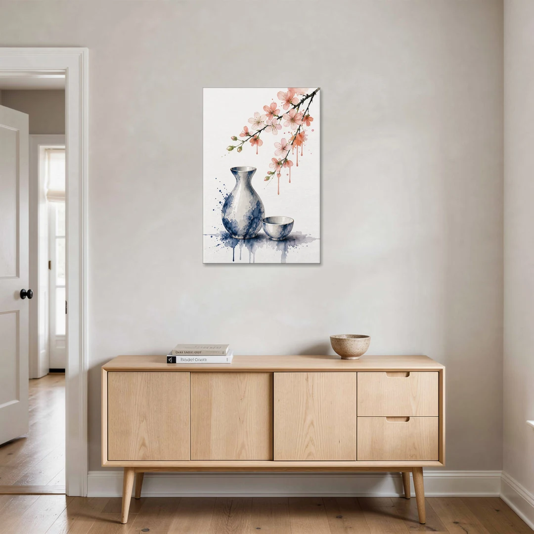 Japanese Bar Decor with Sake and Cherry Blossom - Canvas Wall Art - Coffee Table - 24x36