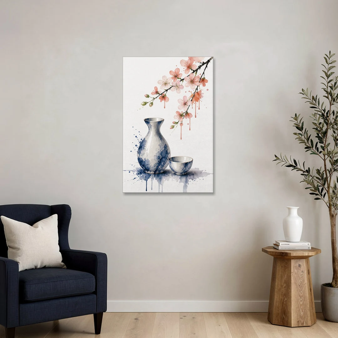 Japanese Bar Decor with Sake and Cherry Blossom - Canvas Wall Art - Sofa - 24x36