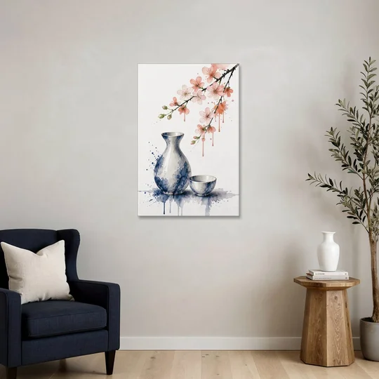 Japanese Bar Decor with Sake and Cherry Blossom - Canvas Wall Art - Sofa - 24x36