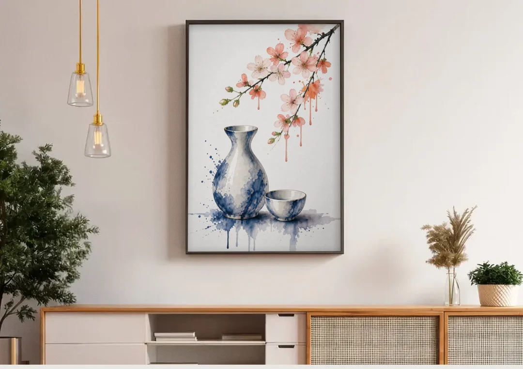 Japanese Bar Decor with Sake and Cherry Blossom canvas wall art above a wooden sideboard under pendant lights