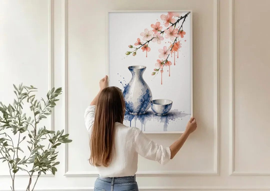 Japanese Bar Decor with Sake and Cherry Blossom canvas wall art being hung on a paneled wall