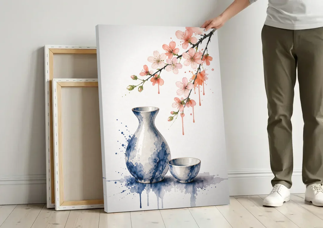 Japanese Bar Decor with Sake and Cherry Blossom canvas wall art leaning against a wall next to blank canvases