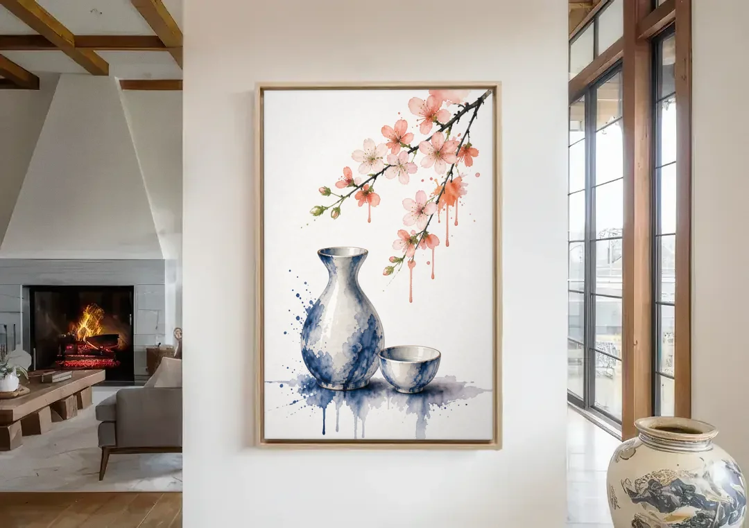 Japanese Bar Decor with Sake and Cherry Blossom canvas wall art in a living room with a fireplace