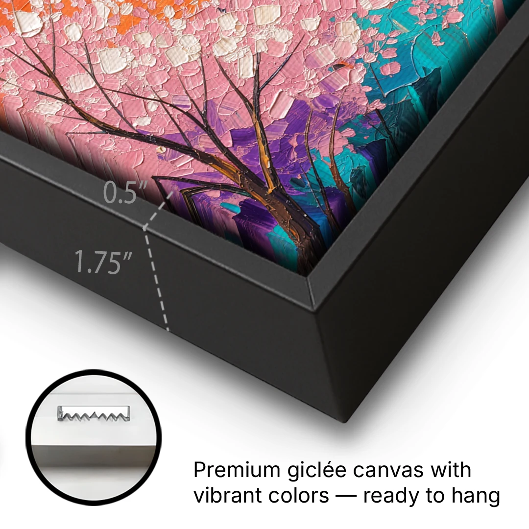 Japanese Cherry Blossom Painting with Pagoda at Sunset - Black Framed Canvas Wall Art - Gallery Wrap Corner