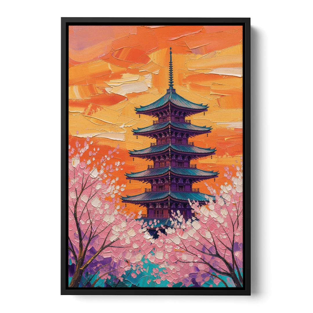 Japanese Cherry Blossom Painting with Pagoda at Sunset - Black Framed Canvas Wall Art - Front