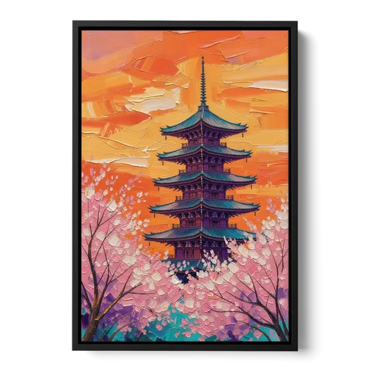 Japanese Cherry Blossom Painting with Pagoda at Sunset - Black Framed Canvas Wall Art - Front