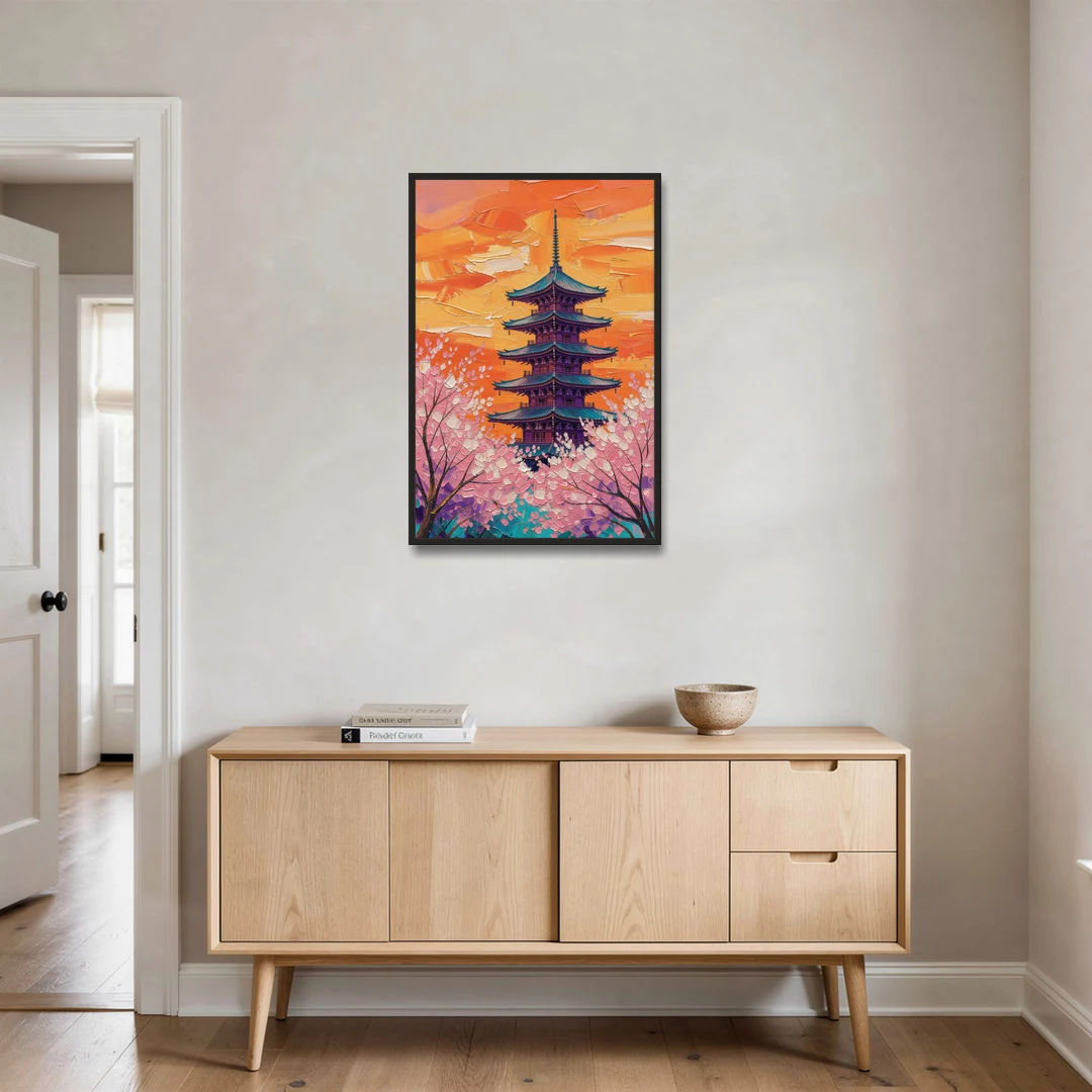 Japanese Cherry Blossom Painting with Pagoda at Sunset - Black Framed Canvas Wall Art - Coffee Table - 24x36