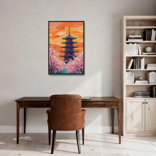 Japanese Cherry Blossom Painting with Pagoda at Sunset - Black Framed Canvas Wall Art - Office - 24x36