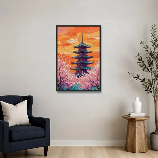 Japanese Cherry Blossom Painting with Pagoda at Sunset - Black Framed Canvas Wall Art - Sofa - 24x36