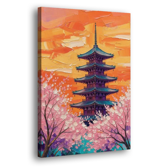 Japanese Cherry Blossom Painting with Pagoda at Sunset - Canvas Wall Art - Side