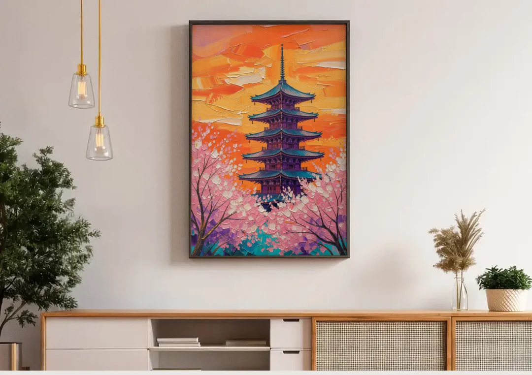 Japanese Cherry Blossom Painting with Pagoda at Sunset canvas wall art above a wooden sideboard under pendant lights