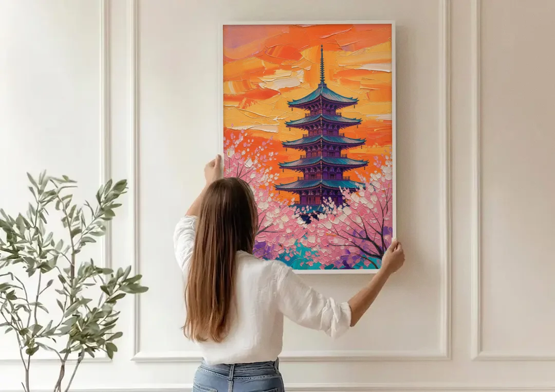 Japanese Cherry Blossom Painting with Pagoda at Sunset canvas wall art being hung on a paneled wall