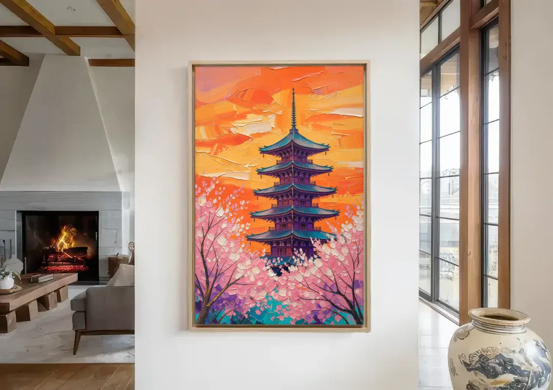 Japanese Cherry Blossom Painting with Pagoda at Sunset canvas wall art in a living room with a fireplace