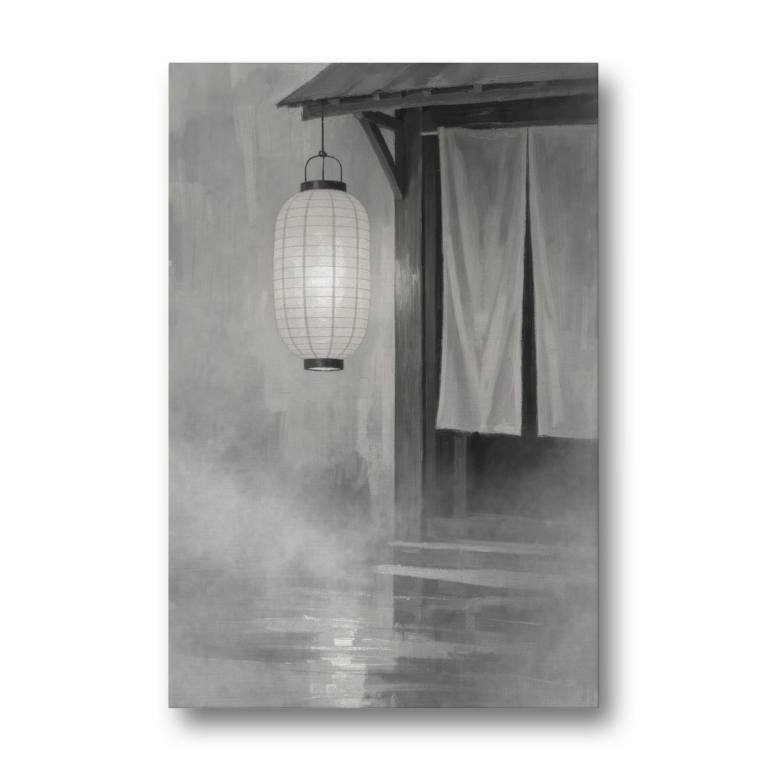 Japanese Lantern Painting by a Misty Doorway - Canvas Wall Art - Front