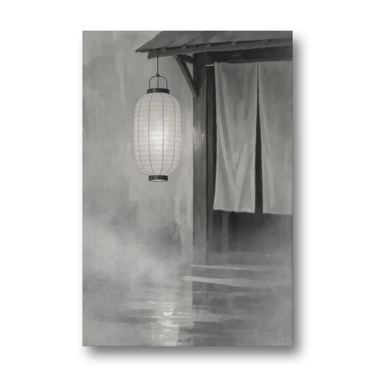 Japanese Lantern Painting by a Misty Doorway - Canvas Wall Art - Front