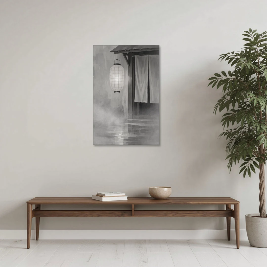 Japanese Lantern Painting by a Misty Doorway - Canvas Wall Art - Coffee Table - 24x36