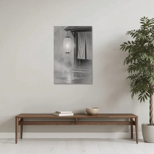 Japanese Lantern Painting by a Misty Doorway - Canvas Wall Art - Coffee Table - 24x36