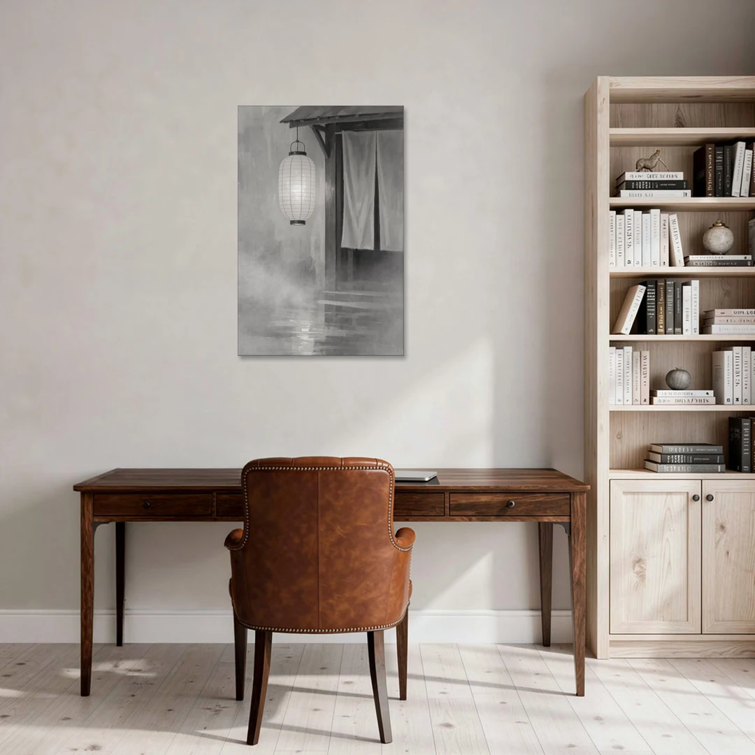 Japanese Lantern Painting by a Misty Doorway - Canvas Wall Art - Office - 24x36