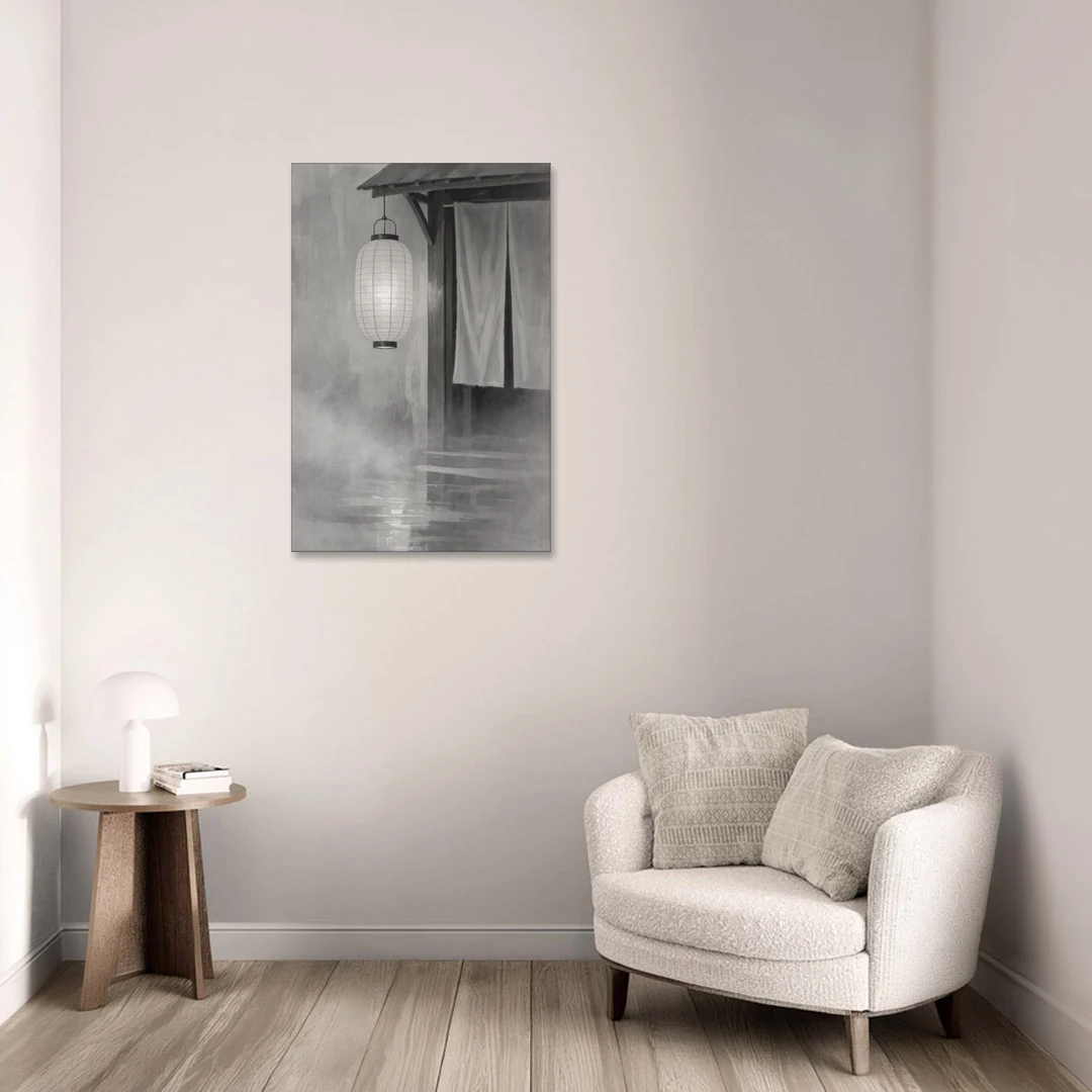 Japanese Lantern Painting by a Misty Doorway - Canvas Wall Art - Sofa - 24x36