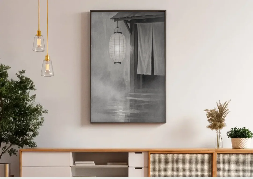 Japanese Lantern Painting by a Misty Doorway canvas wall art above a wooden sideboard under pendant lights