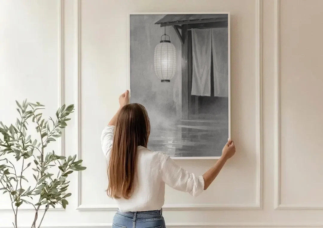 Japanese Lantern Painting by a Misty Doorway canvas wall art being hung on a paneled wall