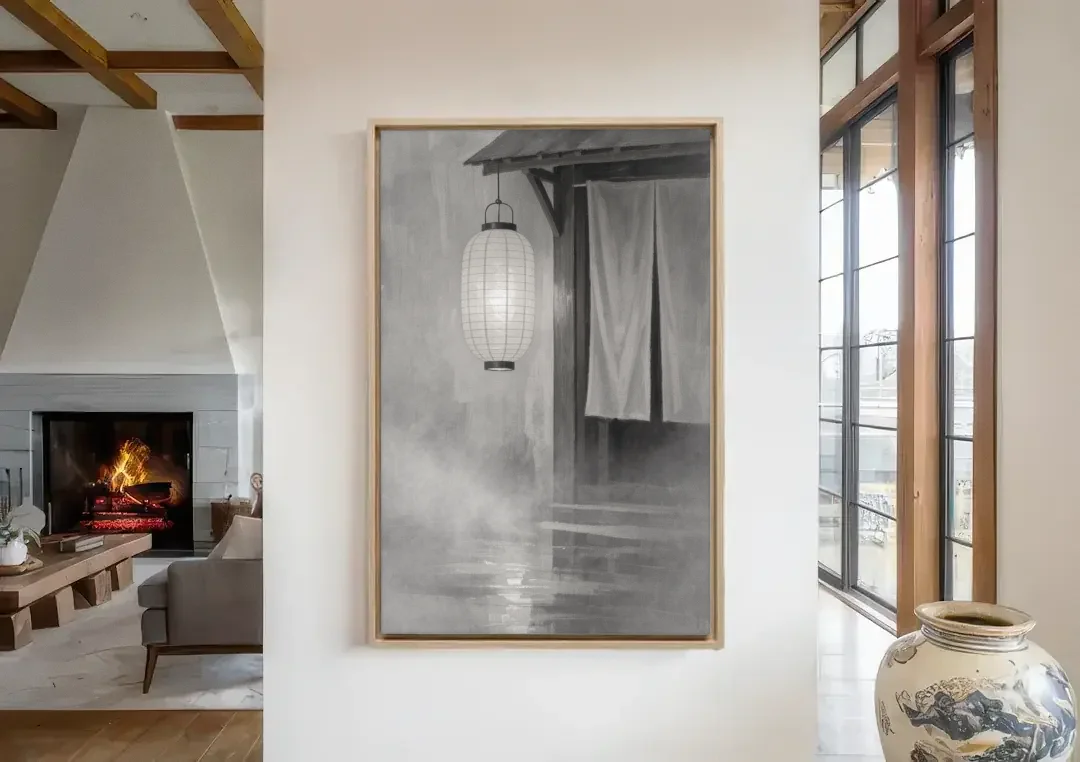 Japanese Lantern Painting by a Misty Doorway canvas wall art in a living room with a fireplace