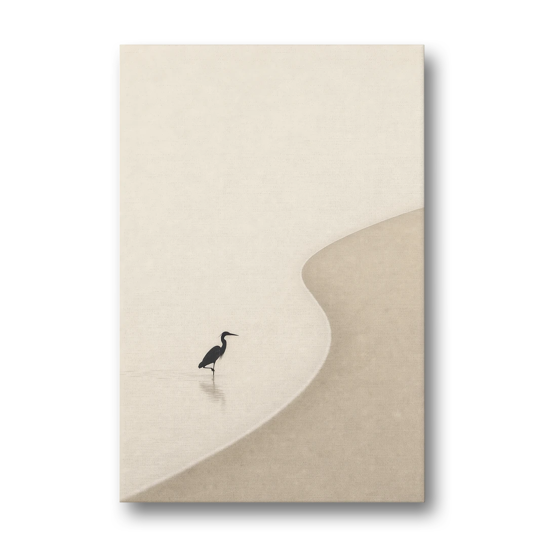 Japanese Minimalist Art of a Heron in the Shallows - Canvas Wall Art - Front