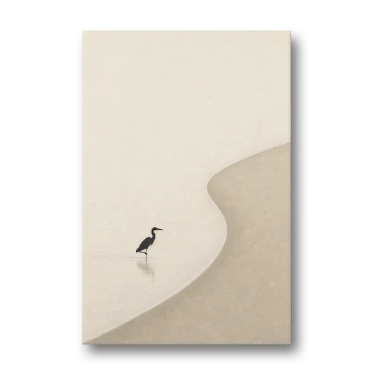 Japanese Minimalist Art of a Heron in the Shallows - Canvas Wall Art - Front
