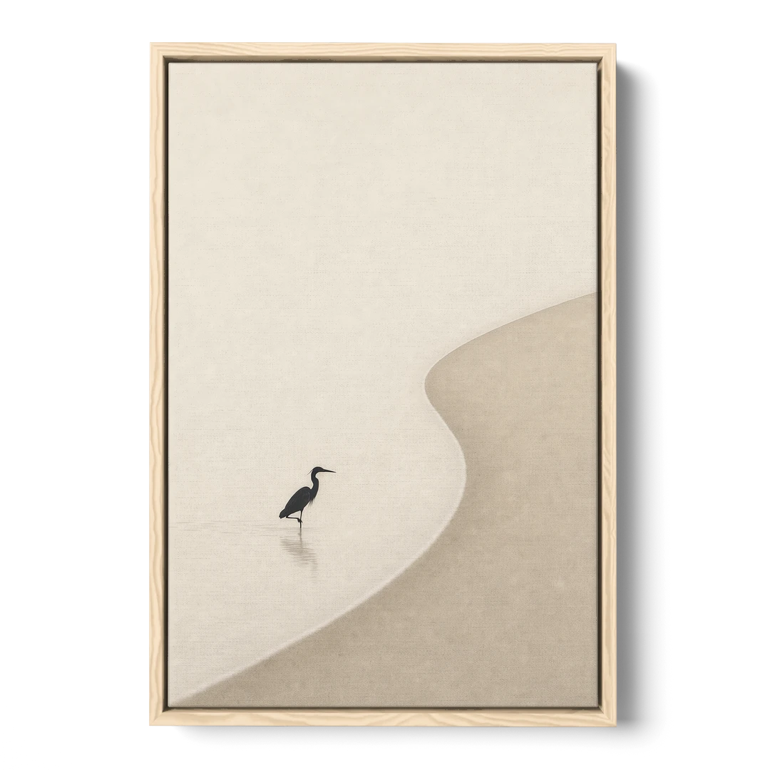 Japanese Minimalist Art of a Heron in the Shallows - Oak Framed Canvas Wall Art - Front