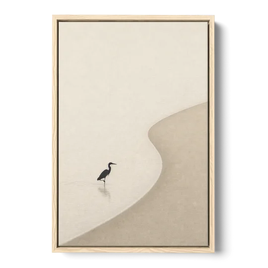 Japanese Minimalist Art of a Heron in the Shallows - Oak Framed Canvas Wall Art - Front