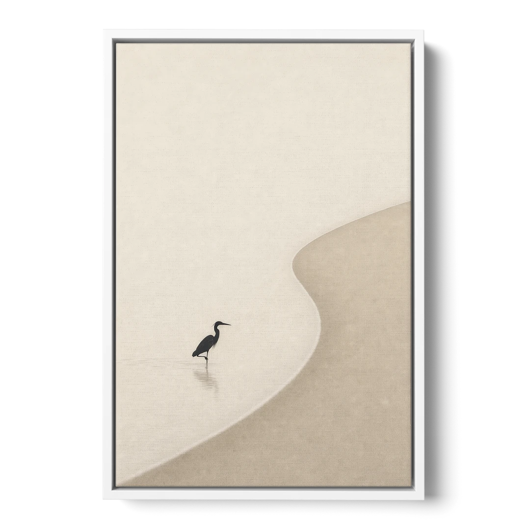 Japanese Minimalist Art of a Heron in the Shallows - White Framed Canvas Wall Art - Front