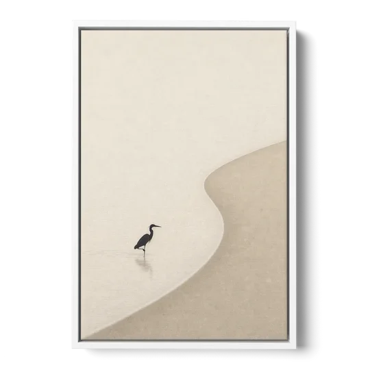 Japanese Minimalist Art of a Heron in the Shallows - White Framed Canvas Wall Art - Front